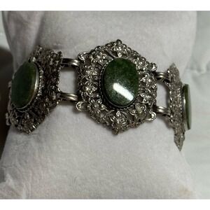 Vintage Van Dell Silver Green Jade Bracelet Nephrite Filigree Flower 7" 925